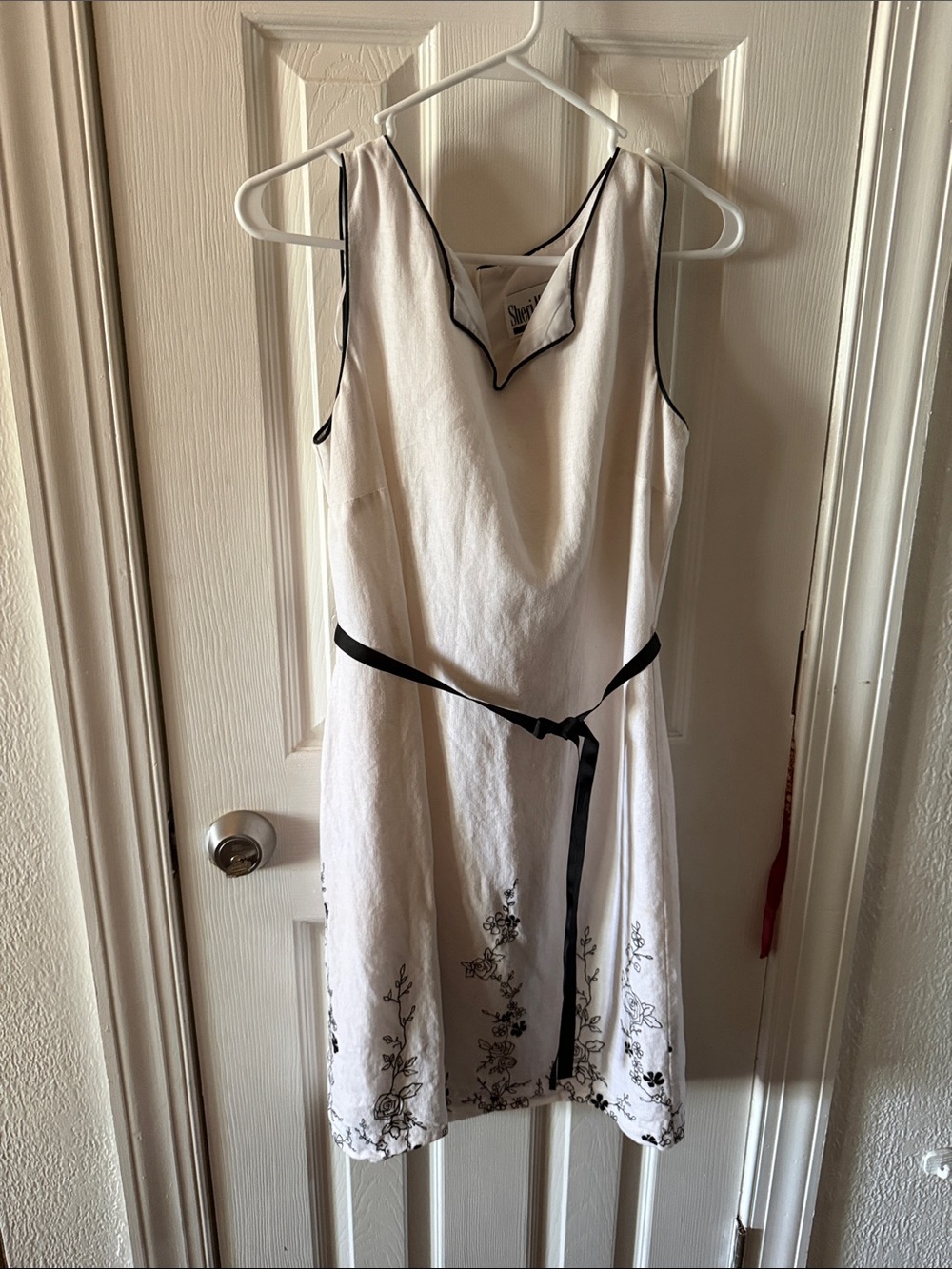 Sheri Martin White Mini Dress with Black Trim and Floral Hem
